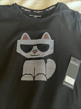 Karl Lagerfeld Black Tee with Crystal Cat Motif
